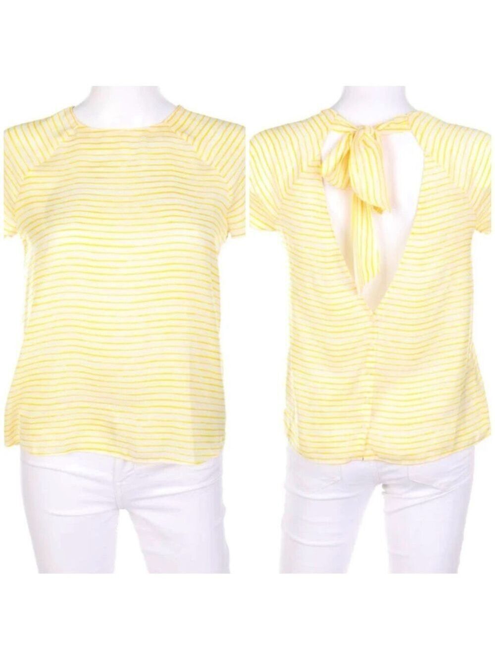 Zara Trafaluc white yellow stripe low open tie back short sleeve boxy top M